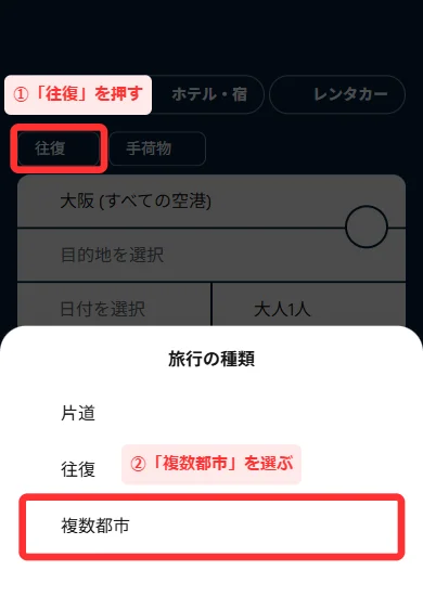 スマホ版で「往復」を押し、「片道」「往復」「複数都市」から複数都市を選ぶ画面