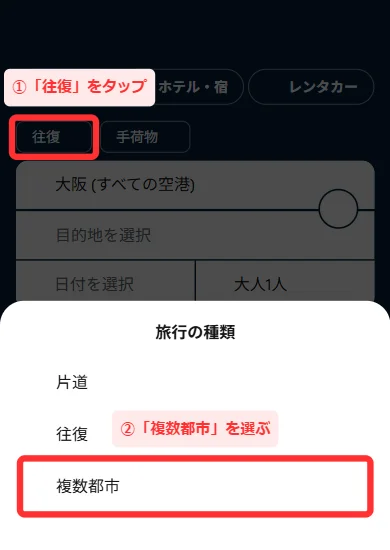 スマホ版のトップで「往復」を押し、「片道」「往復」「複数都市」が開いている画面