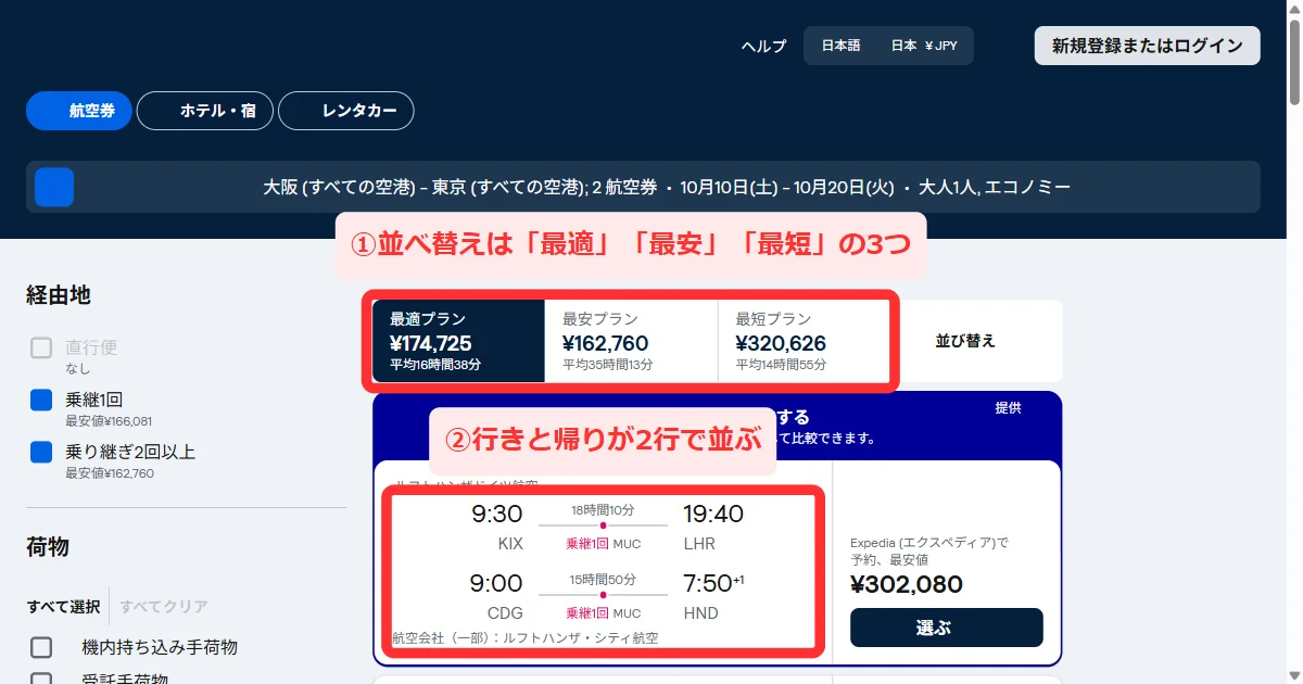 パソコン版の複数都市の検索結果。カードの中に行きと帰りが2行で並び、上に「最適プラン」「最安プラン」「最短プラン」、左に絞り込み欄がある画面